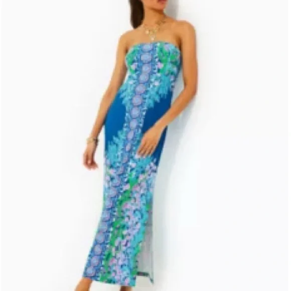 Lilly Pulitzer Noa Strapless Maxi Dress Blue Floral - Picture 12 of 12